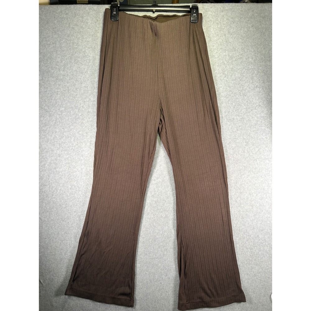 Fig Womens L Brown Plisse Pleated Wide Leg Pants High Rise Elastic Waist
